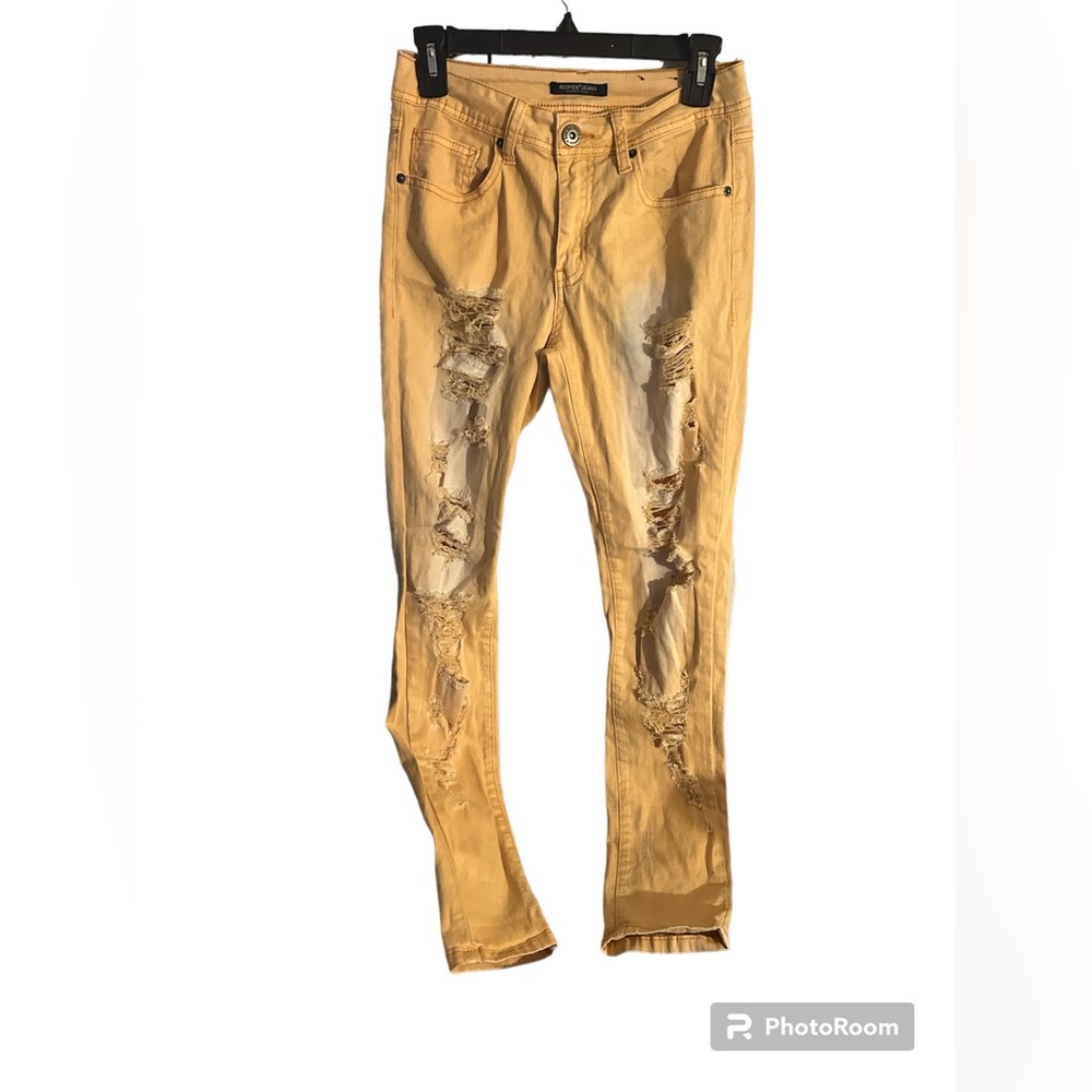 RED FOX JEANS Mustard Yellow distressed white washed Sz 5 have a little stretch